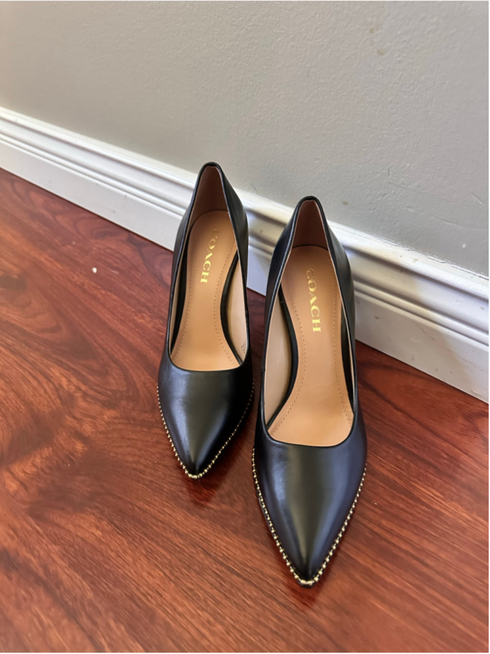 Like New Coach Black Leather Pointed Toe Heels with Gold Studs Size 7.5